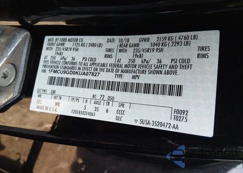 2019 Ford Escape Se from USA, damaged, VIN 1FMCU9GD0KUA07827